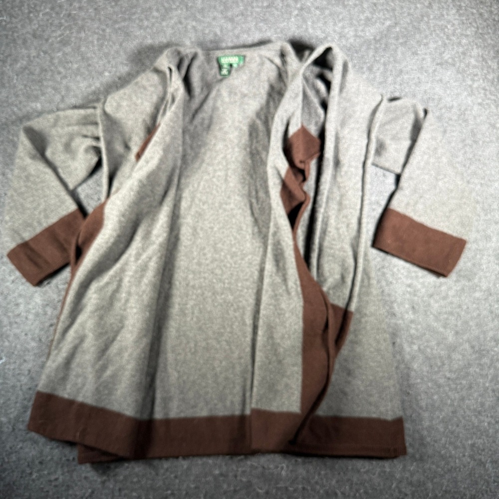 Lauren Ralph Lauren Wool Cashmere Colorblock Scarf Neck Cardigan Gray Brown M - Picture 3 of 8